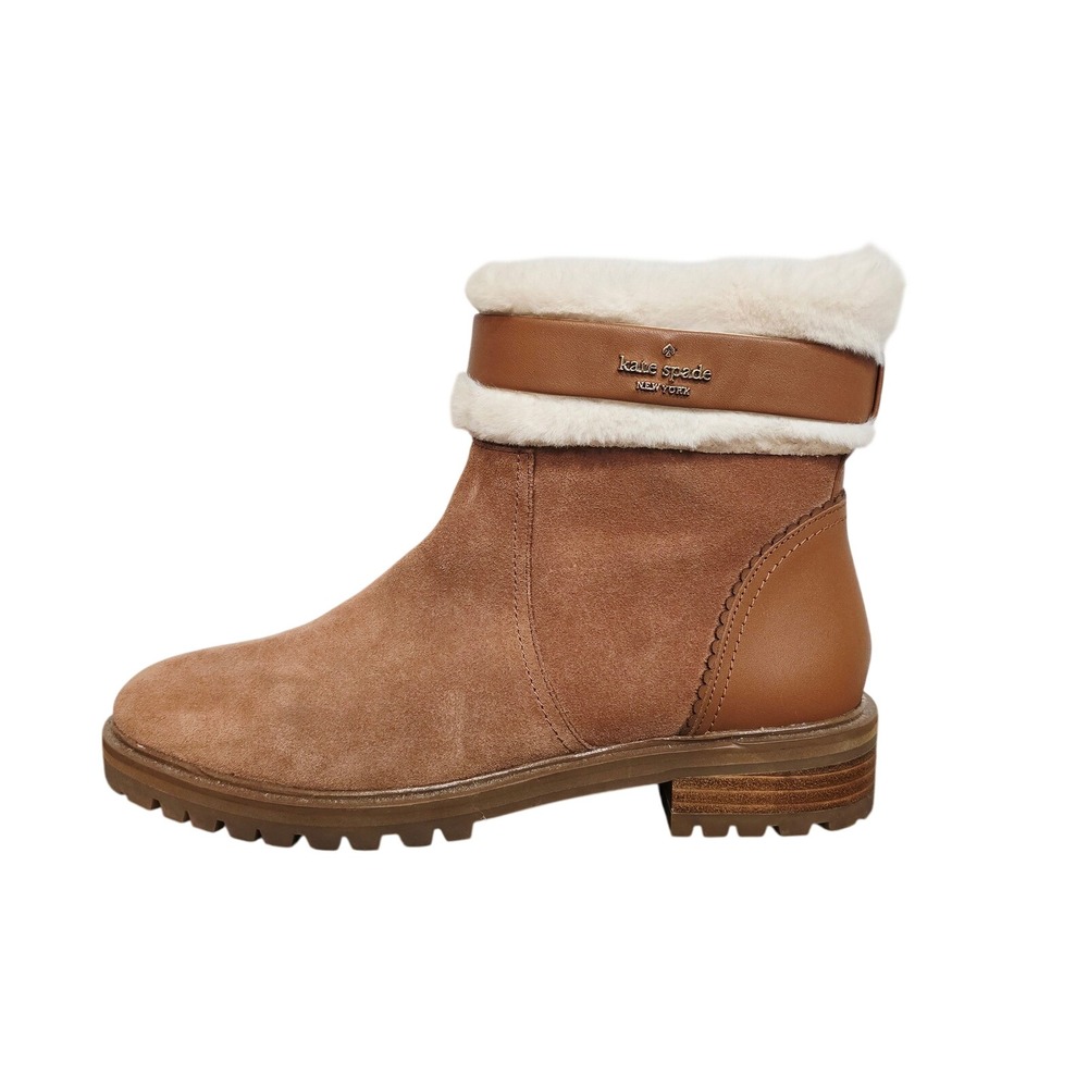 NEW Kate Spade Bailee Tan Suede Faux Fur Trim Lug Sole Ankle Boots Women 9.5B